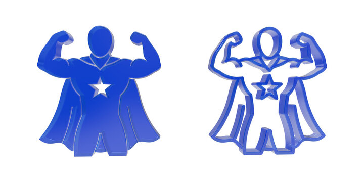 Blue superhero silhouette icon with cape and star as PNG cutout