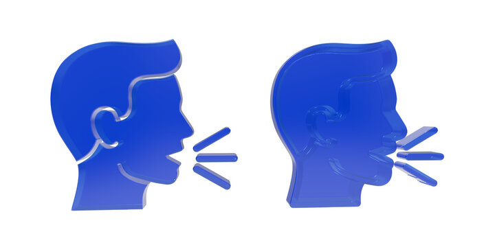 Blue talking head profile icon with speech bubbles as cut out PNG
