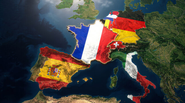 Western europe map visualization depicting france spain germany and italy with distinctive flag patterns and glow.