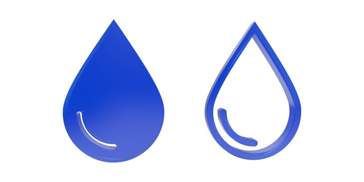 Blue water drop icons featuring solid and outline liquid symbol design as transparent object