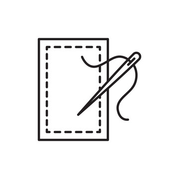 Minimalist line art icon of a stitched leather piece with a hand-sewing needle.