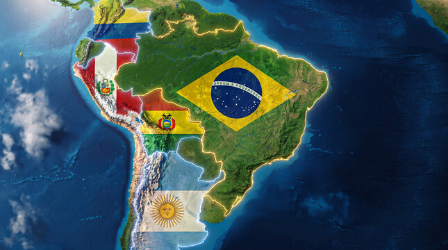 South American nations map highlighting countries with national flags global trade partnership geopolitics and international relations.