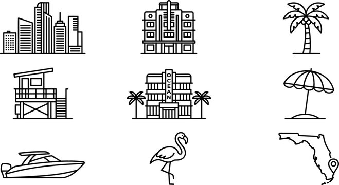 Miami Beach Florida Travel and Culture Icon Set Featuring Art Deco Hotels Skyscrapers Lifeguard Tower Flamingo Boat and Palm Tree Vector Graphics