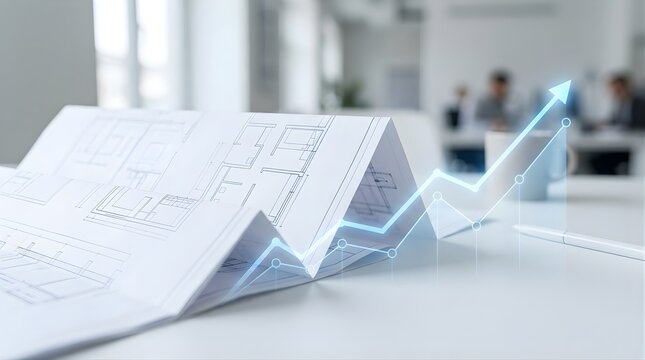 Financial growth chart projected over real estate architectural plans