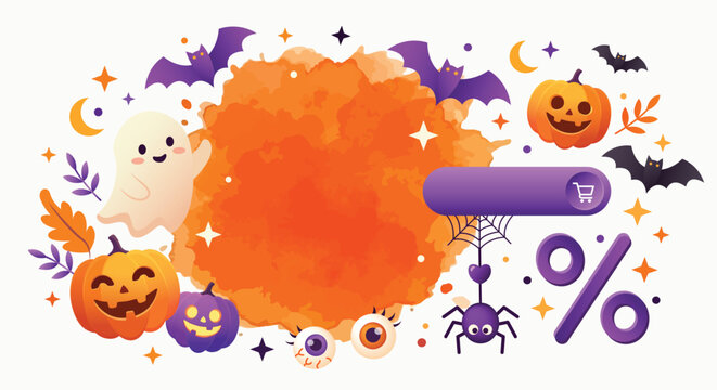 Happy Halloween sale promotional banner, buy now button, ghost, pumpkins, bats, spider on orange watercolor splash. template for online shop or social media ads holiday event illustration