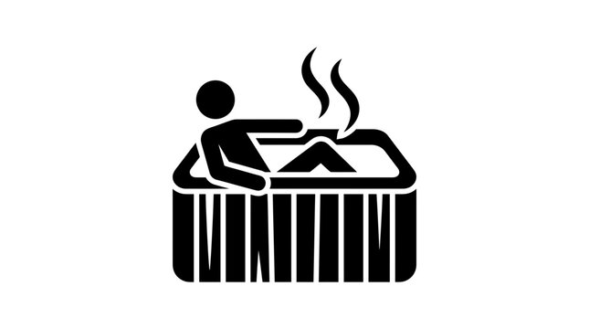Minimalist black icon showing person relaxing inside hot tub with steam rising in clean style