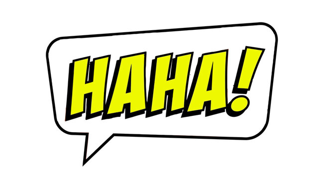 Vibrant comic book speech bubble featuring bold yellow text expressing laughter with orange halftone dot pattern