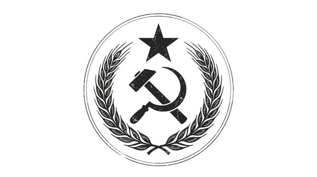 Textured black hammer and sickle icon enclosed within wheat stalks and a five pointed star