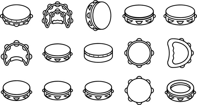 Tambourine and Percussion Instrument Icon Set Featuring Various Angles Views Half Moon Designs Musical Shakers and Rhythm Equipment Vector Graphics