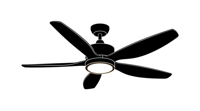 Modern black ceiling fan featuring four elegant blades and a bright glowing integrated center light fixture