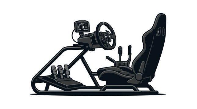 Professional gaming sim racing cockpit featuring black steering wheel pedals and ergonomic bucket seat setup gear