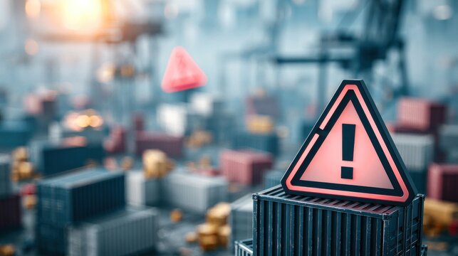 Warning symbol on shipping container in industrial port