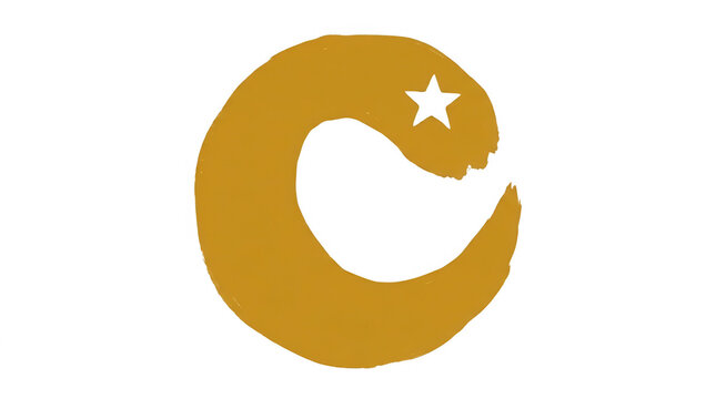 Abstraktes goldenes Pinselstrich-Symbol in Form eines unvollst&auml;ndigen Kreises mit einem kleinen wei&szlig;en Stern auf wei&szlig;em Hintergrund, minimalistisches Grafikdesign f&uuml;r Branding und Logos.