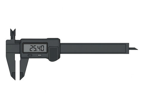 Ein digitaler Messschieber in einer flachen Vektorillustration, der ein pr&auml;zises Messwerkzeug mit einem LCD-Display zeigt, das den Wert 25,40 anzeigt, isoliert auf einem rein wei&szlig;en Hintergrund.