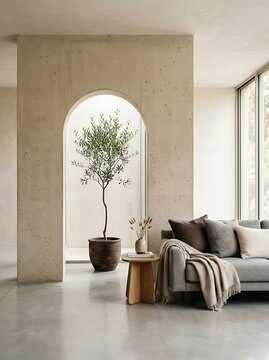 Minimalist living room interior with a concrete divider wall, archway, potted olive tree, gray sofa, and neutral tones