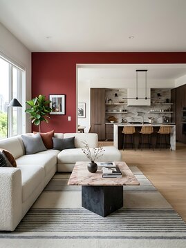 Modern living room and open kitchen with a red accent wall, white sectional sofa, pink marble coffee table, and wood floors