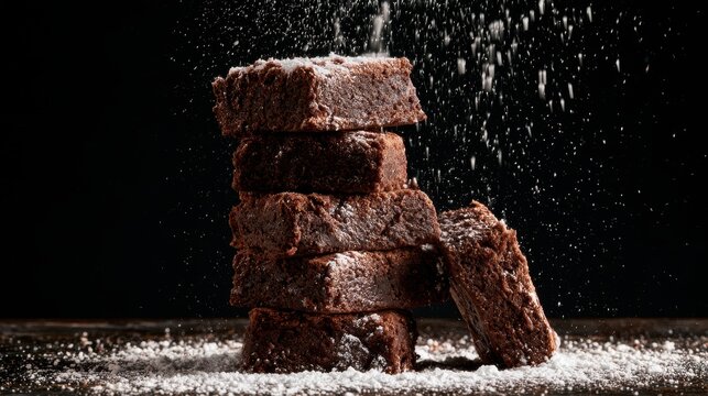 Delicious homemade chocolate brownies stacked in a tall pile while powdered sugar is dusted on top. Sweet dessert photography for bakery and food industry concepts.