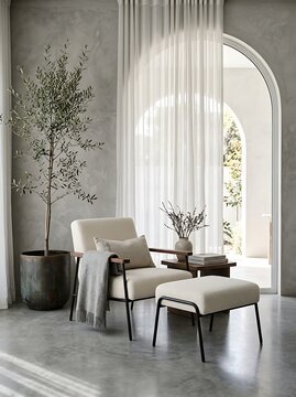 Modern living room with cream armchair, ottoman, throw blanket, olive tree in a large pot, and arched window with white sheer curtains