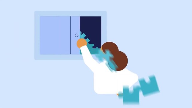 2D animation view from above of a person fitting a puzzle piece into a frame problem solving solution concept