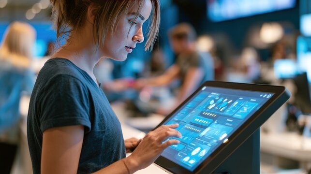 Woman interacting with touchscreen display technology