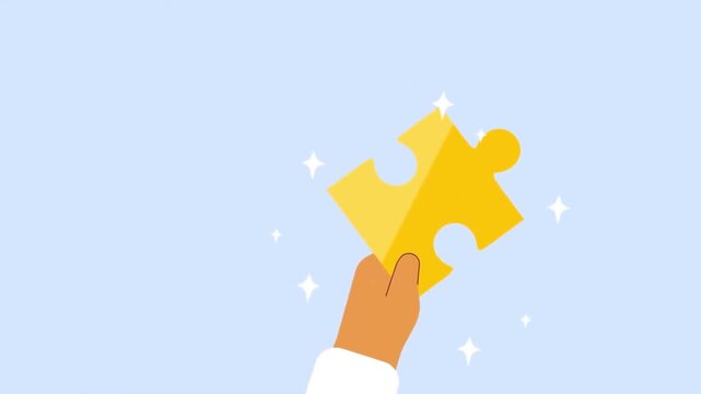 2D animation close up of a hand holding a gold glowing jigsaw puzzle piece key solution success concept