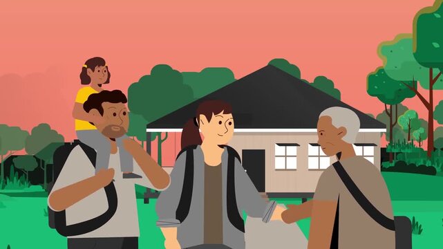 2D animation of tourists with backpacks greeting local residents outside a house travel community exchange concept