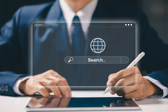 Online search technology concept with business professional using tablet and virtual browser interface, representing internet research, information access and digital discovery online.