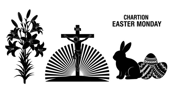 Easter symbols lily crucifixion bunny with black silhouettes easter symbols white background christianity celebration monochrome tradition with religion