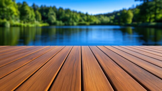 Wooden deck overlooking serene lake and forest scene