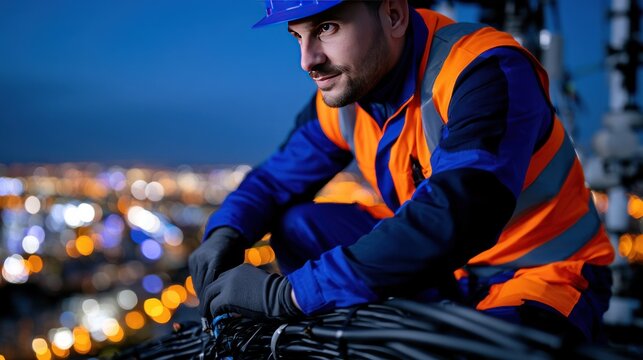 Worker inspecting electrical wiring on rooftop at night