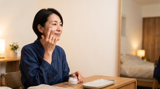夜に乾燥した頬を保湿する50代日本人女性の小じわケア