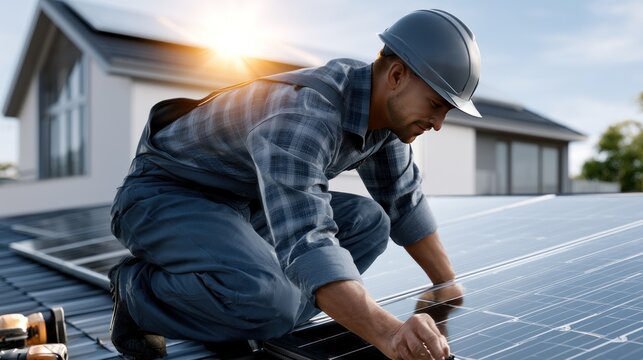 Worker installing solar panels on rooftop in sunlight