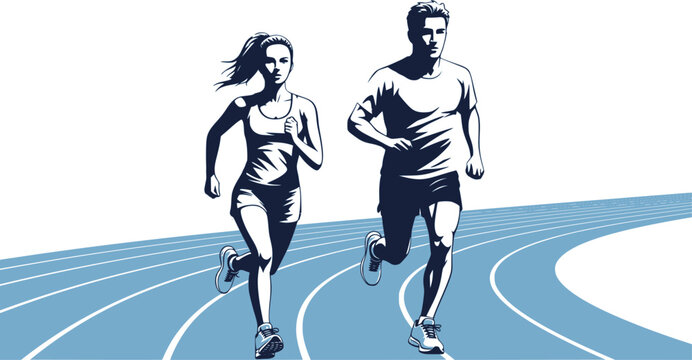Silhouettes of athletic looking male and female runners running. Running man and woman, isolated illustration. Transparent EPS version.