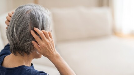 Fototapeta premium 白髪まじりの髪を分けて頭皮を確認する60代日本人女性