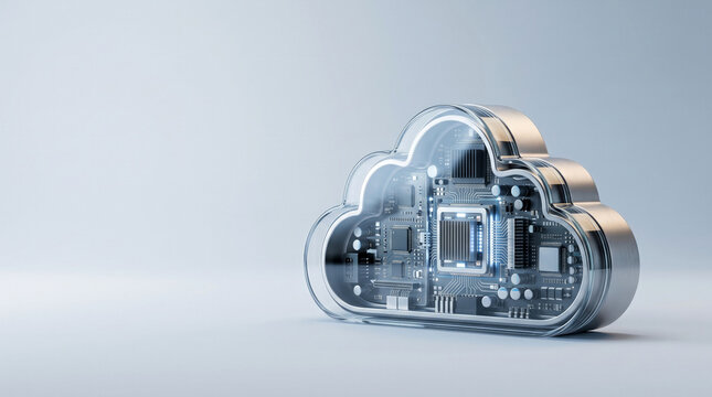 Digital cloud computing technology infrastructure within a translucent futuristic interface