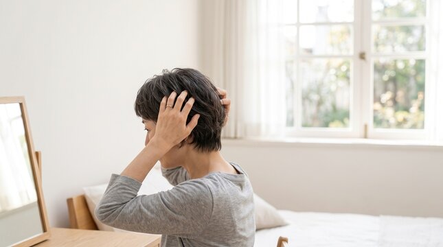 頭頂部の髪のボリュームを鏡で確認する50代日本人女性