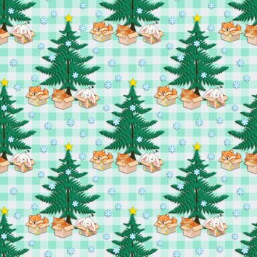 Cute Christmas seamless pattern with sleeping pets in cardboard boxes, pine trees, and snowflakes on mint green plaid background
