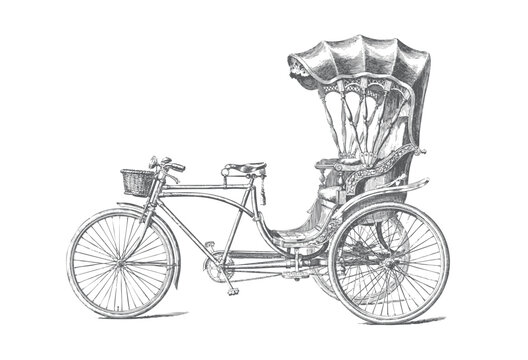 Historic three wheel pedal rickshaw illustrated in engraved urban travel artwork.