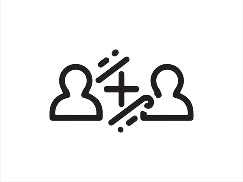 Two user profiles connecting with a plus sign, representing social media networking and friend adding. Minimalist Line Icon Vector
