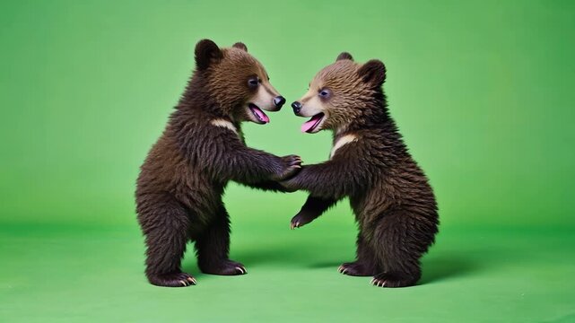 Zwei kleine B&auml;renkinder spielen im Studio vor gr&uuml;nem Chroma Key Greenscreen