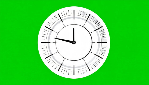 Modern minimalist clock face with black hands and markers on a vibrant green screen background, representing time and abstract concepts.