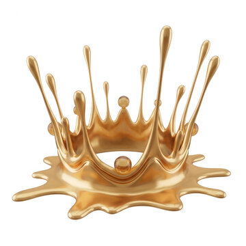 Eine goldene Fl&uuml;ssigkeitsspritzer-Krone, die eine elegante, fl&uuml;ssige Form auf einem isolierten wei&szlig;en Hintergrund bildet, perfekt f&uuml;r luxuri&ouml;se Werbekonzepte und kreative Designprojekte.