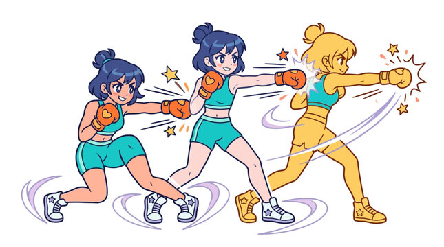 Three anime female boxers training in sports gear.