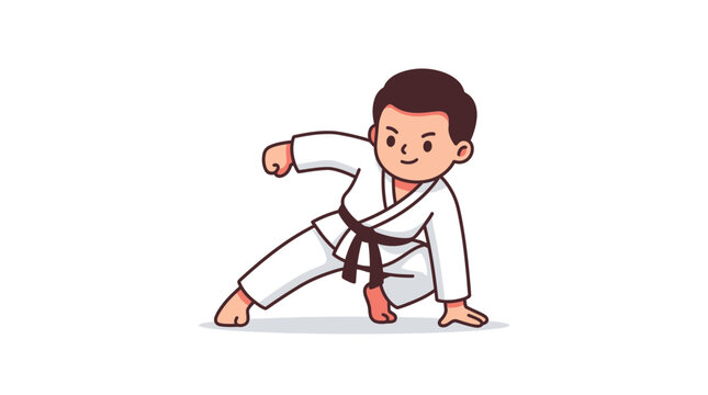 Young boy in white gi performing karate action pose.
