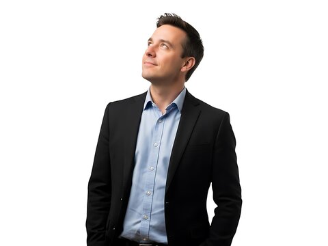 A professional man in a suit looking upwards with a thoughtful expression