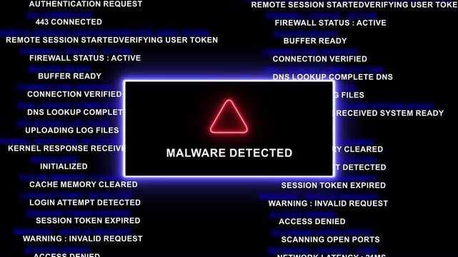Cybersecurity alert concept featuring a glowing red malware detected warning sign over a digital interface screen with scrolling system logs, network status updates, and critical security breach data
