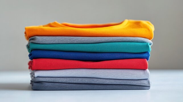 A stack of neatly folded colorful t shirts on a white surface