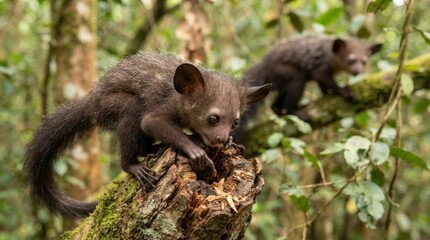 Naklejka premium Aye-Aye Lemur in its Natural Habitat: Two aye-aye lemurs forage on a moss-covered tree branch amidst the lush greenery of a forest.