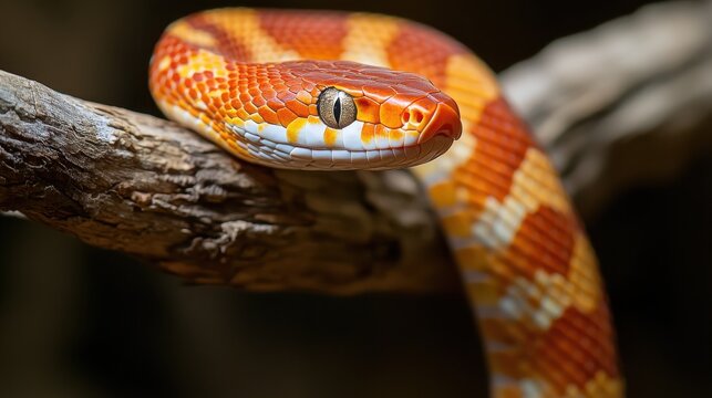 A vibrant orange and yellow corn snake resting on a branch