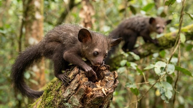 Aye-Aye Lemur in its Natural Habitat: Two aye-aye lemurs forage on a moss-covered tree branch amidst the lush greenery of a forest.